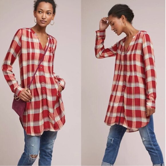 Anthropologie Akemi + Kin Lucie Plaid Tunic Red Oversized Size Small Long Line - Picture 1 of 9